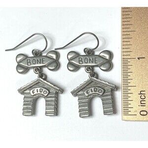 Jim Clift Earrings Dog Bone Fido House Dangle Drop 1.5" Pewter Hand Cast Signed